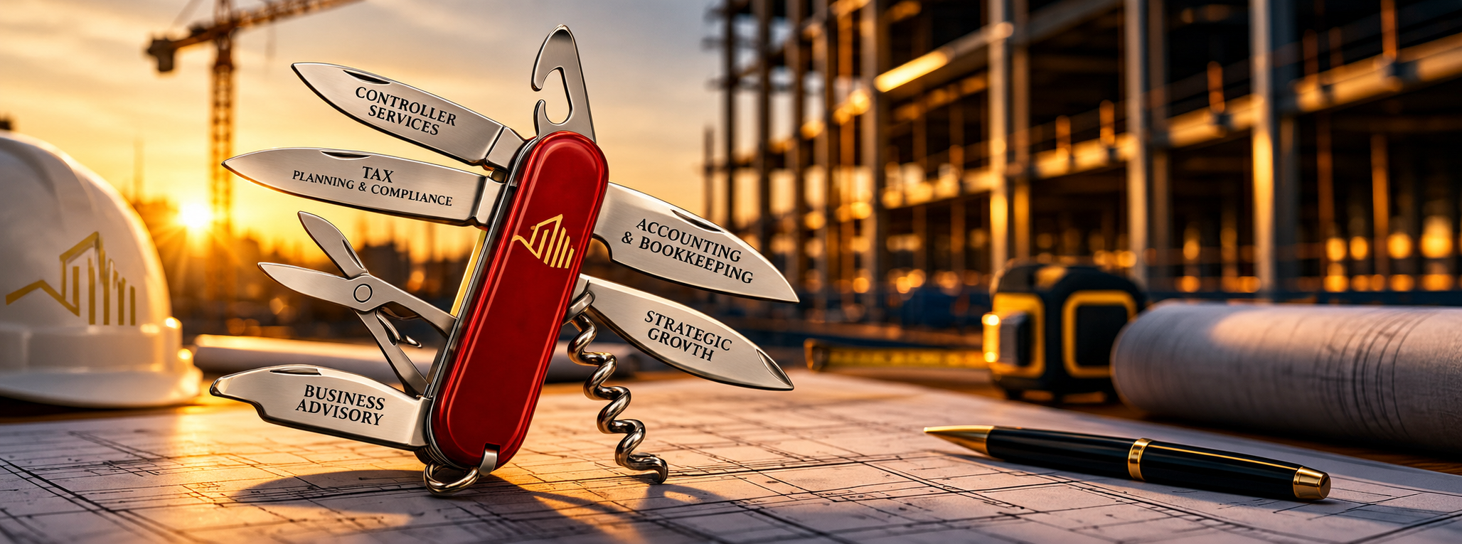Realistic red multitool representing controller services, tax, accounting, growth, and business advisory